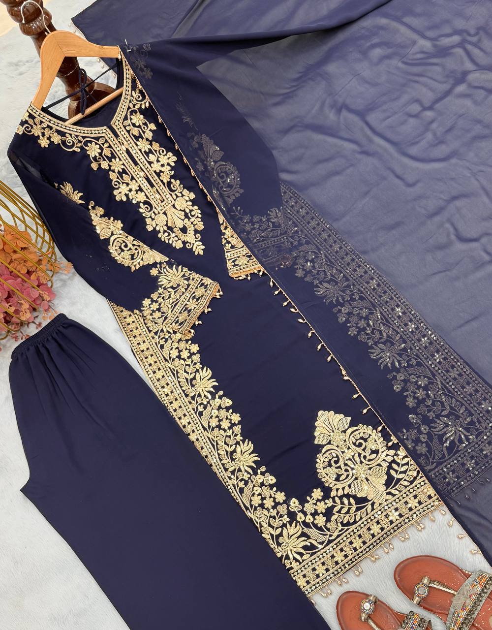 Blue Georgette Embroidered Kurta Palazzo Set