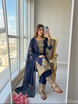 Blue Georgette Embroidered Kurta Palazzo Set