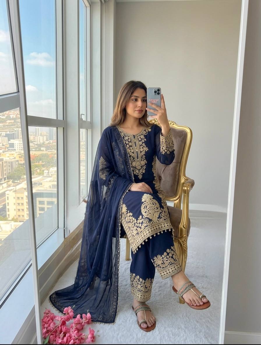 Blue Georgette Embroidered Kurta Palazzo Set
