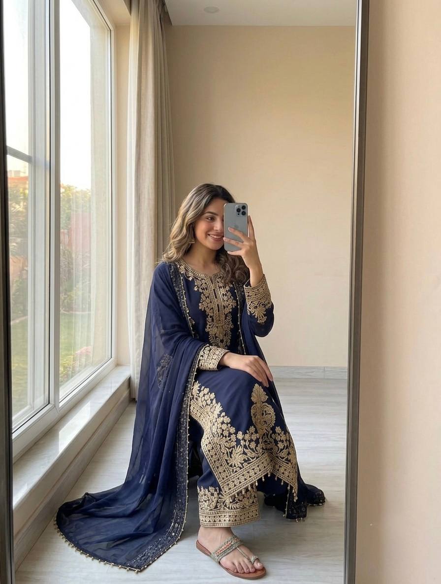 Blue Georgette Embroidered Kurta Palazzo Set
