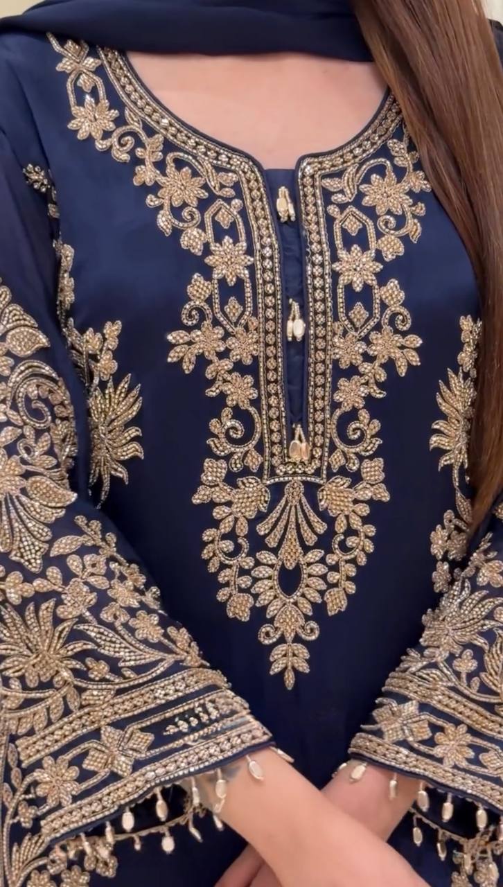 Blue Georgette Embroidered Kurta Palazzo Set