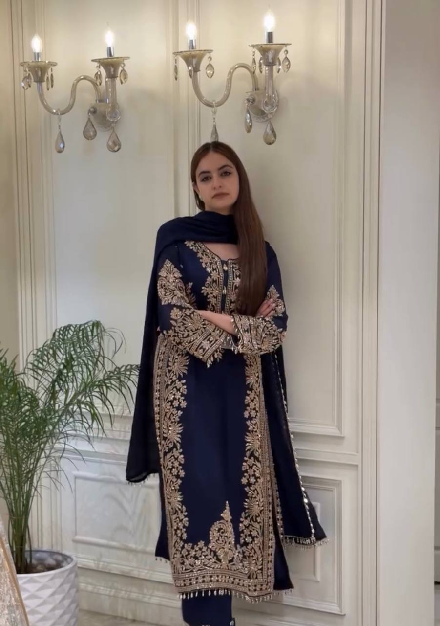 Blue Georgette Embroidered Kurta Palazzo Set