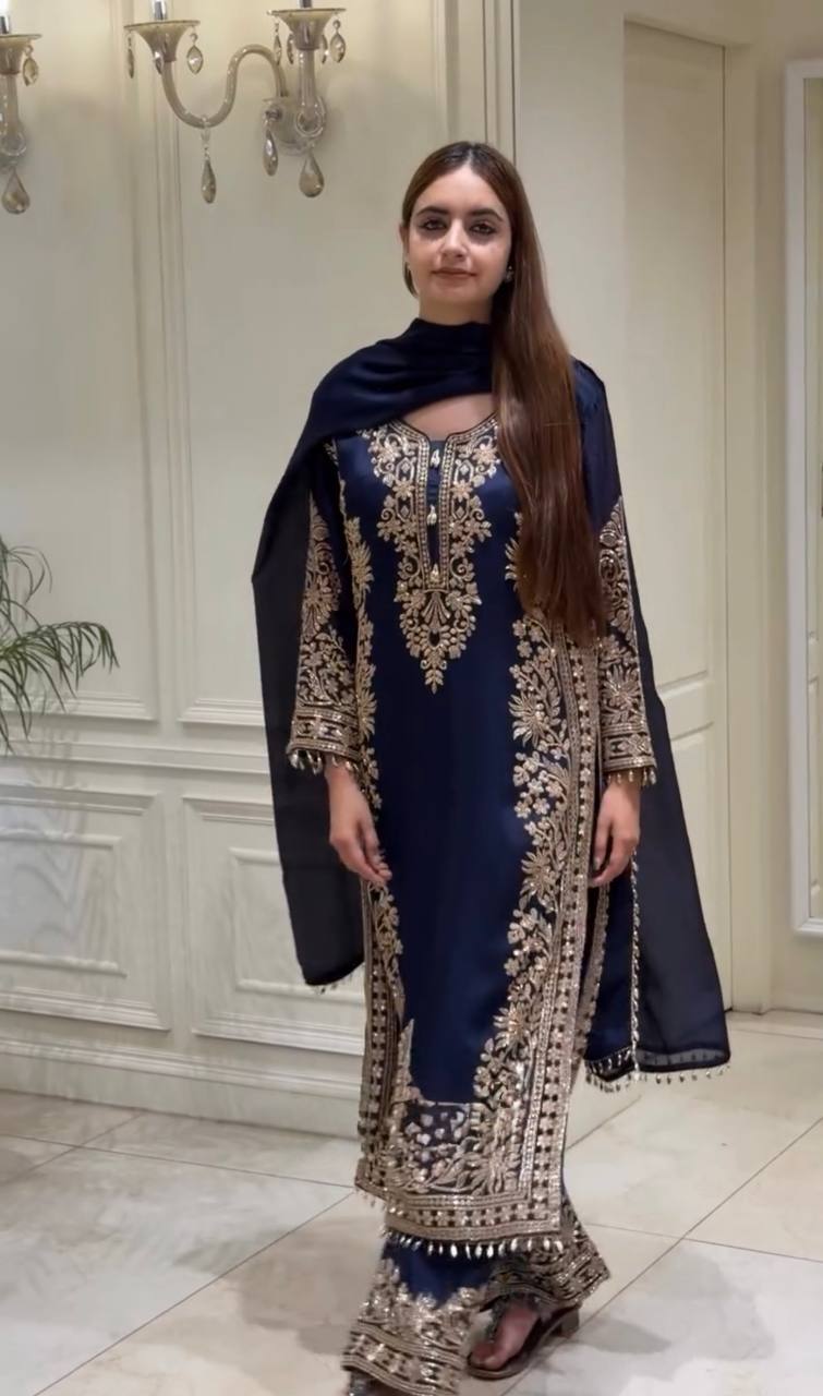 Blue Georgette Embroidered Kurta Palazzo Set
