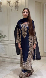 Blue Georgette Embroidered Kurta Palazzo Set