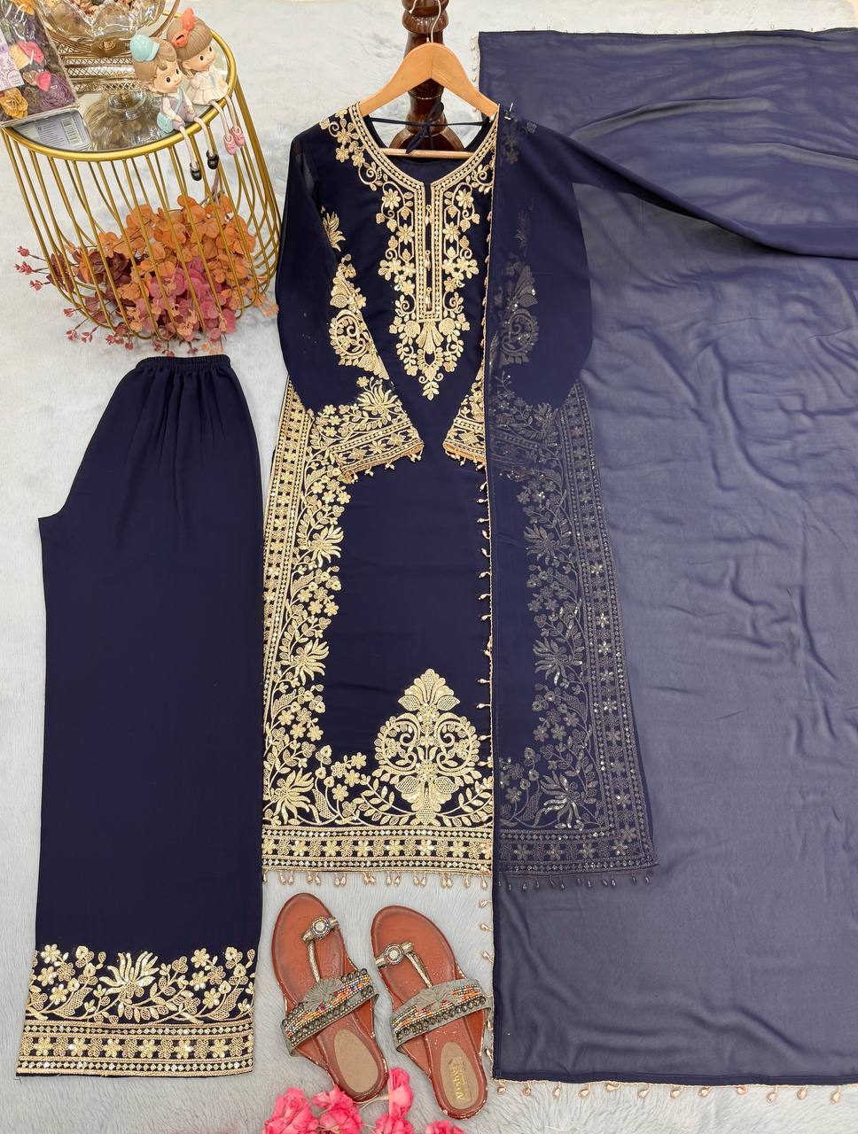 Blue Georgette Embroidered Kurta Palazzo Set