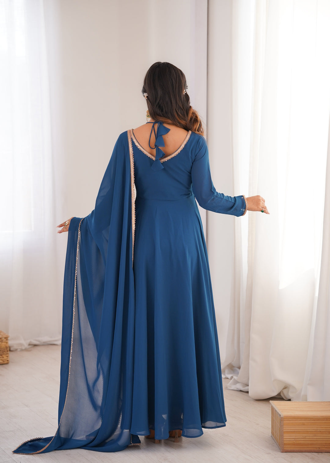 Blue Georgette Gown with Lace Dupatta