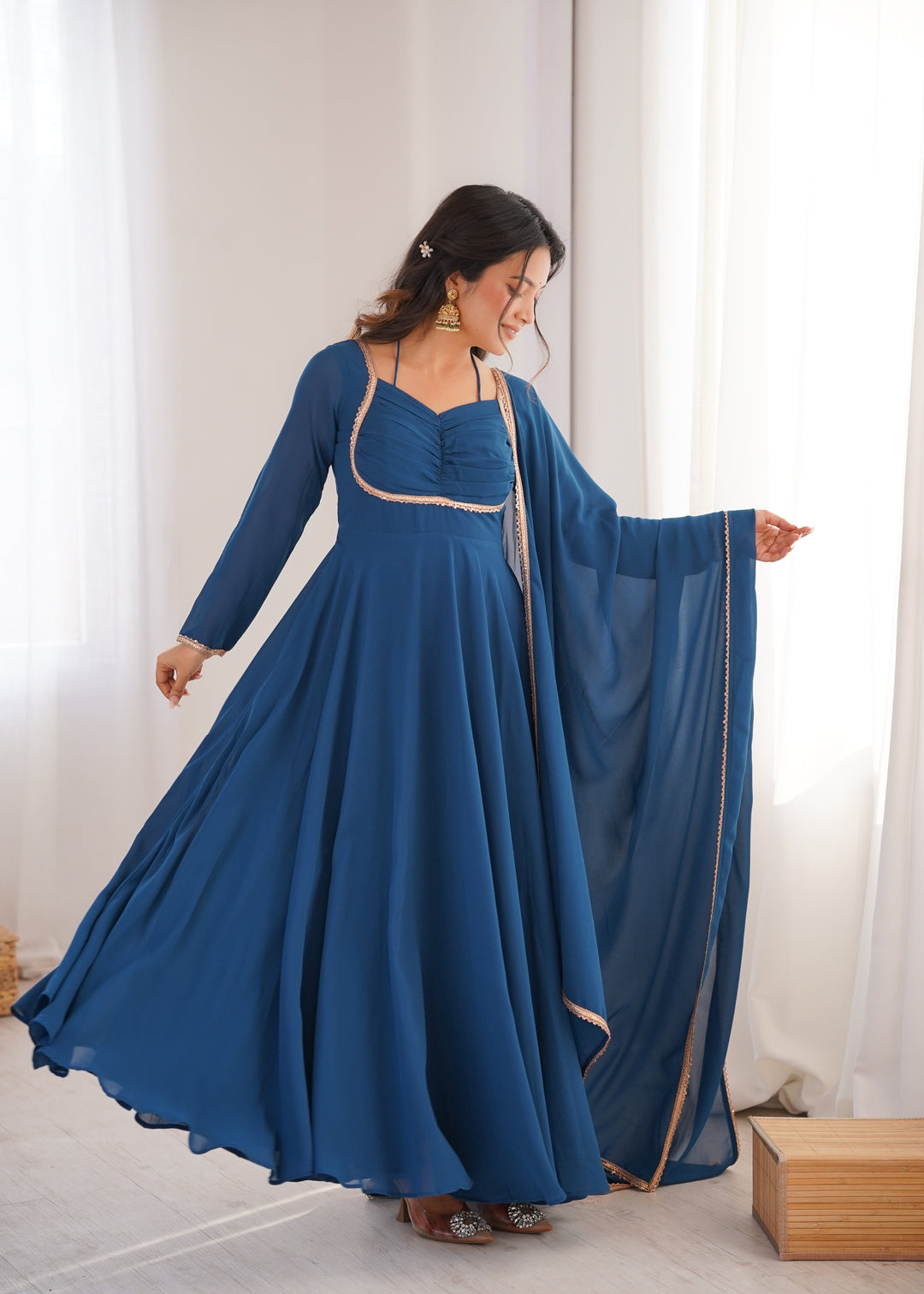Blue Georgette Gown with Lace Dupatta
