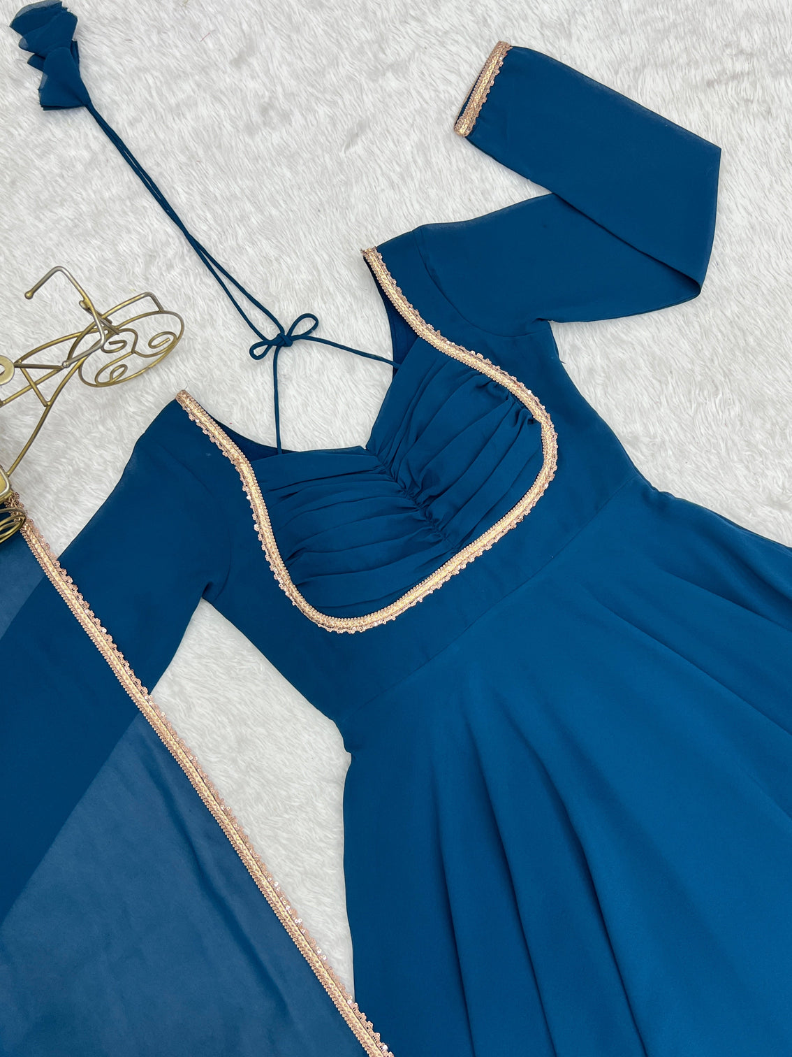 Blue Georgette Gown with Lace Dupatta