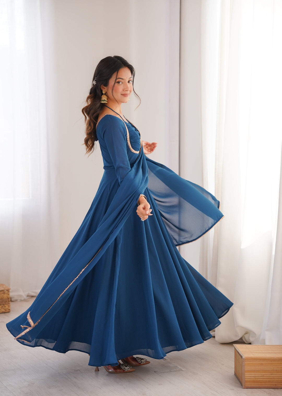 Blue Georgette Gown with Lace Dupatta
