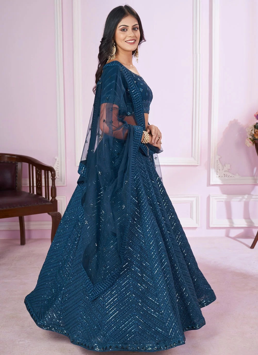 Stylish blue georgette side slit lehenga with sequins embroidery net dupatta