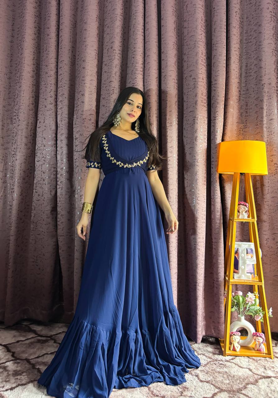 Blue Georgette Ruffle Gown with Removable Net Koti – Festive Wear Collection