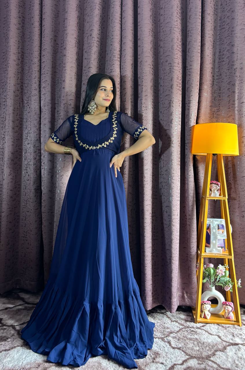 Blue Georgette Ruffle Gown with Removable Net Koti – Festive Wear Collection