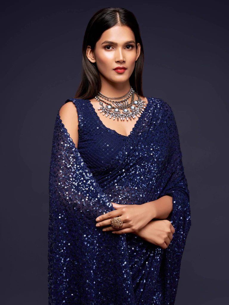 Blue georgette sequinned embroidered saree