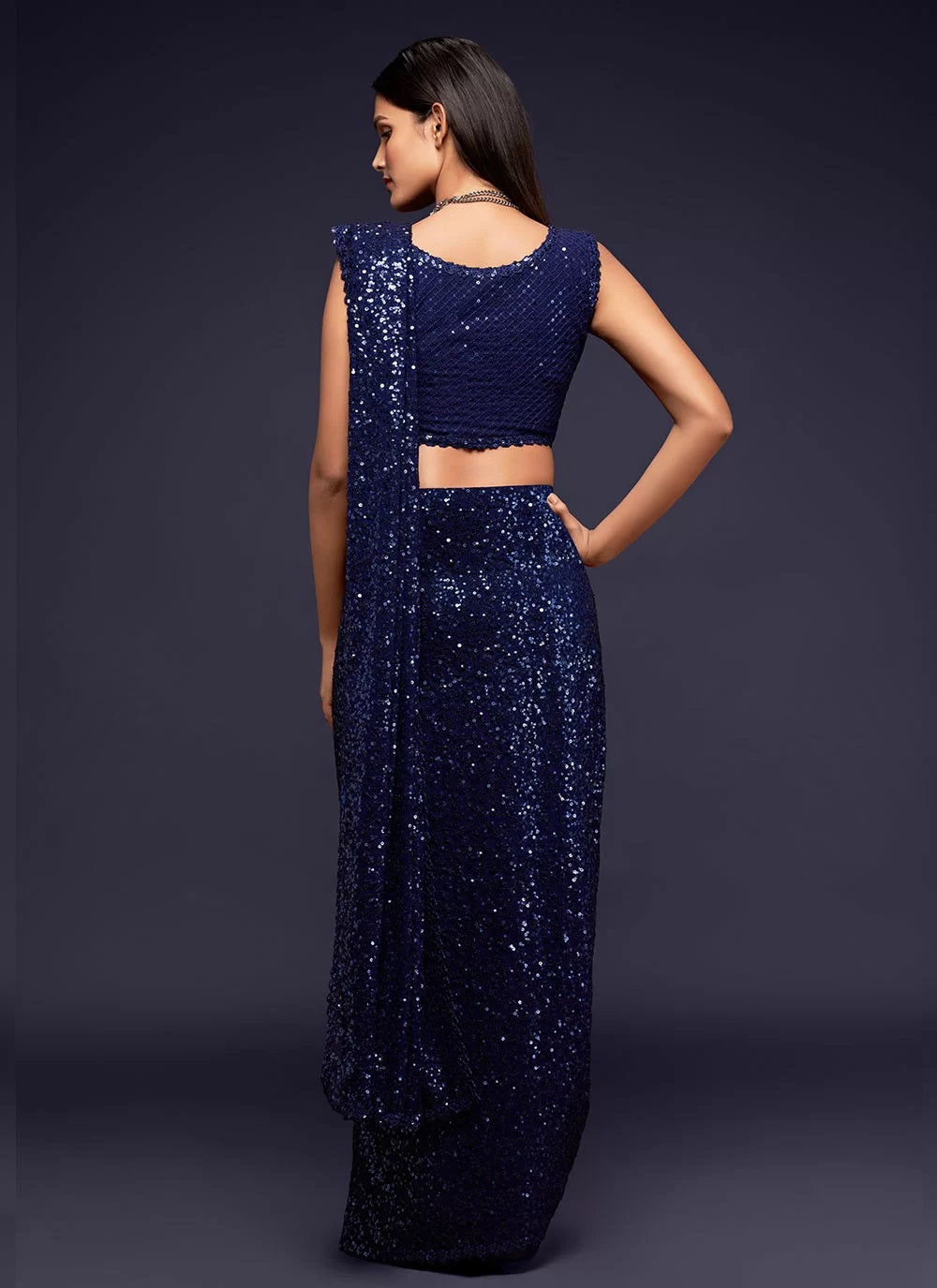 Blue georgette sequinned embroidered saree