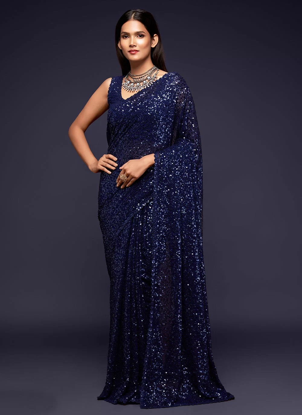 Blue georgette sequinned embroidered saree