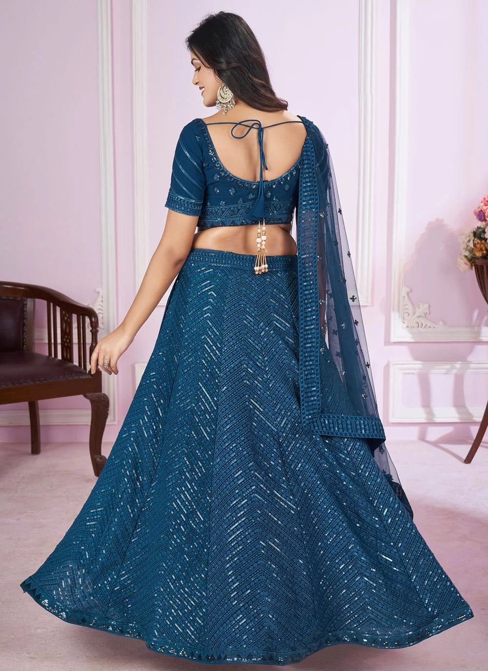 Stylish blue georgette side slit lehenga with sequins embroidery net dupatta