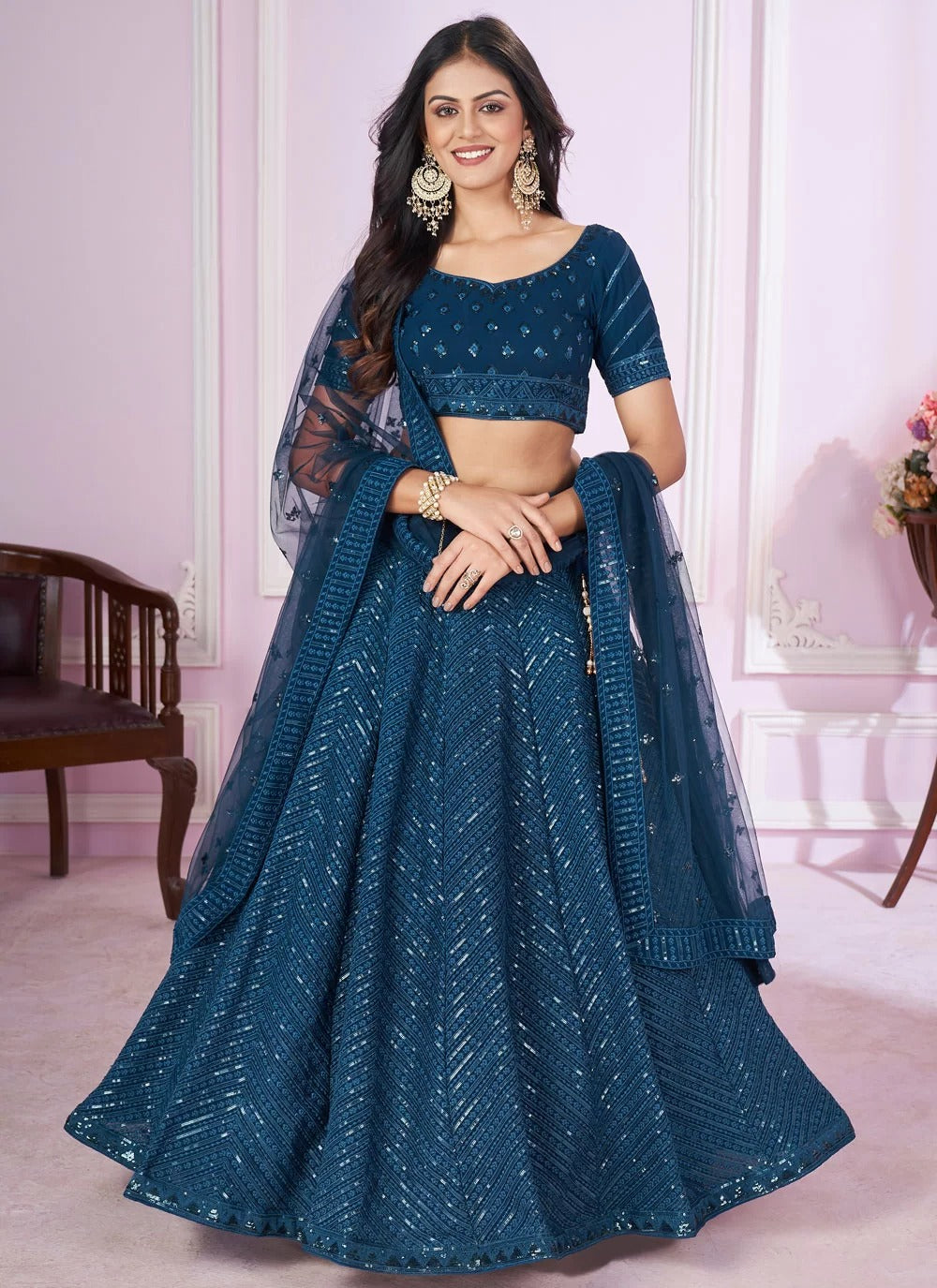 Stylish blue georgette side slit lehenga with sequins embroidery net dupatta
