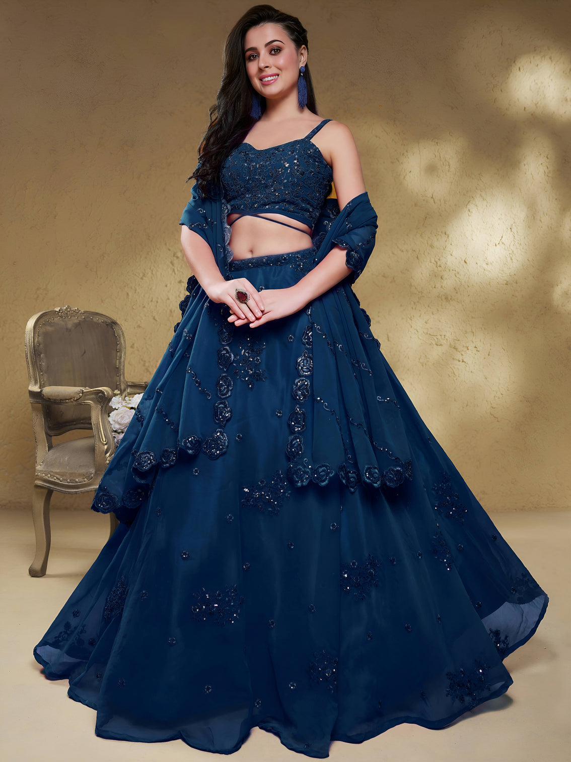 Georgette Zari, Sequin & Dori Embroidered Semi-Stitched Lehenga Choli