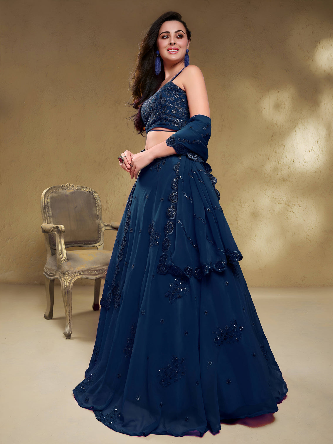 Georgette Zari, Sequin & Dori Embroidered Semi-Stitched Lehenga Choli