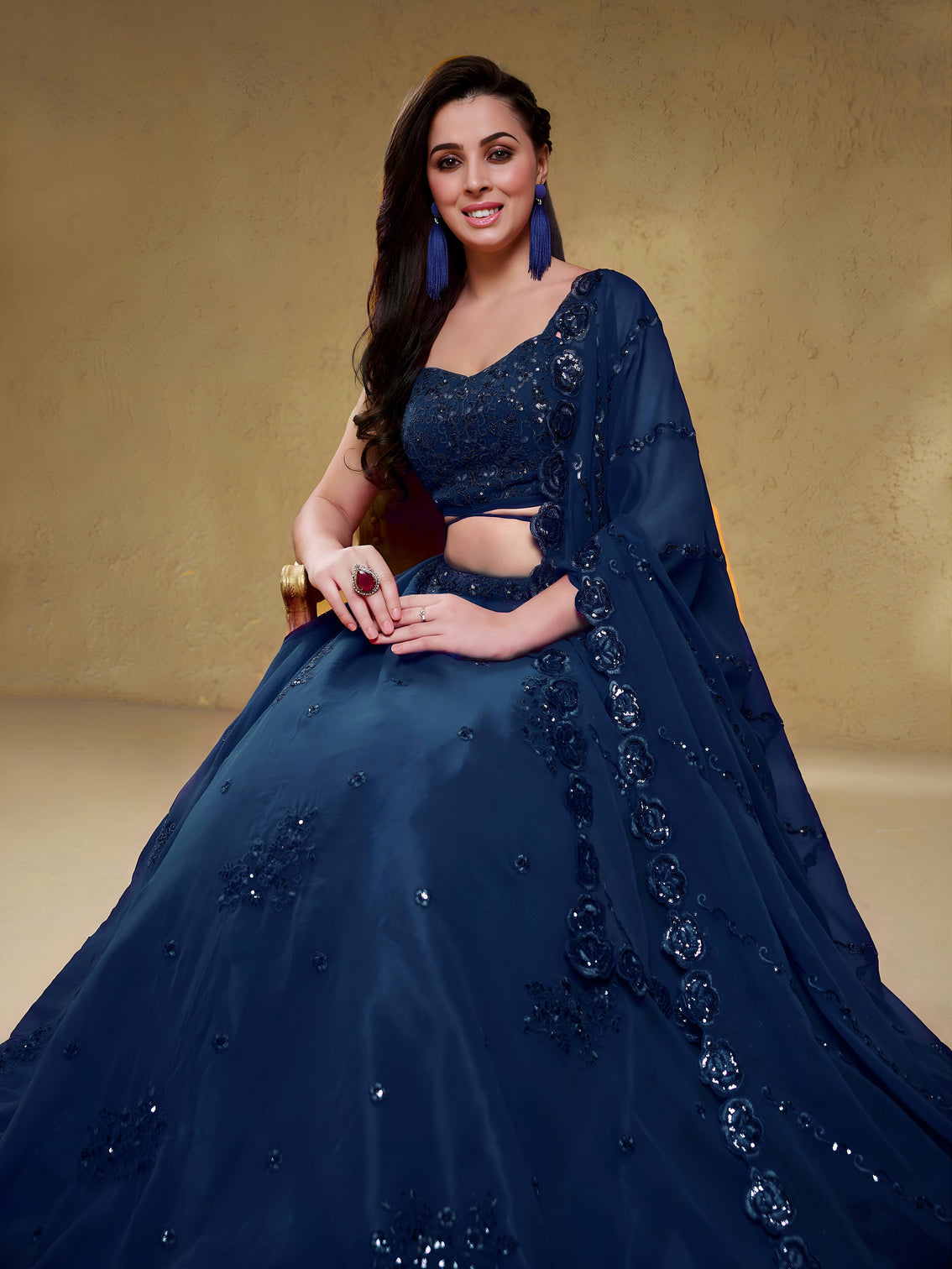 Georgette Zari, Sequin & Dori Embroidered Semi-Stitched Lehenga Choli