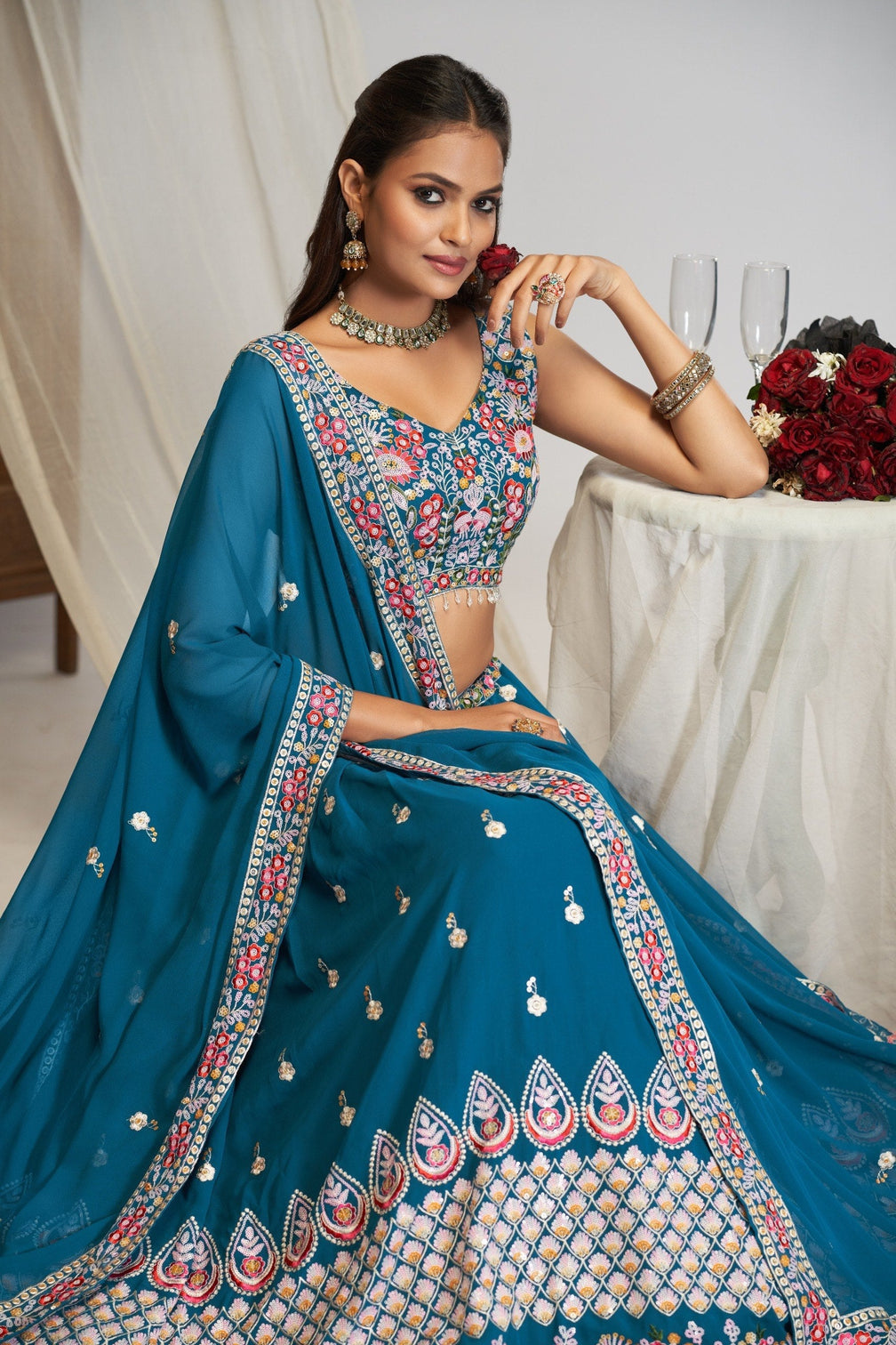 Blue Georgette Zari & Sequin Lehenga Set