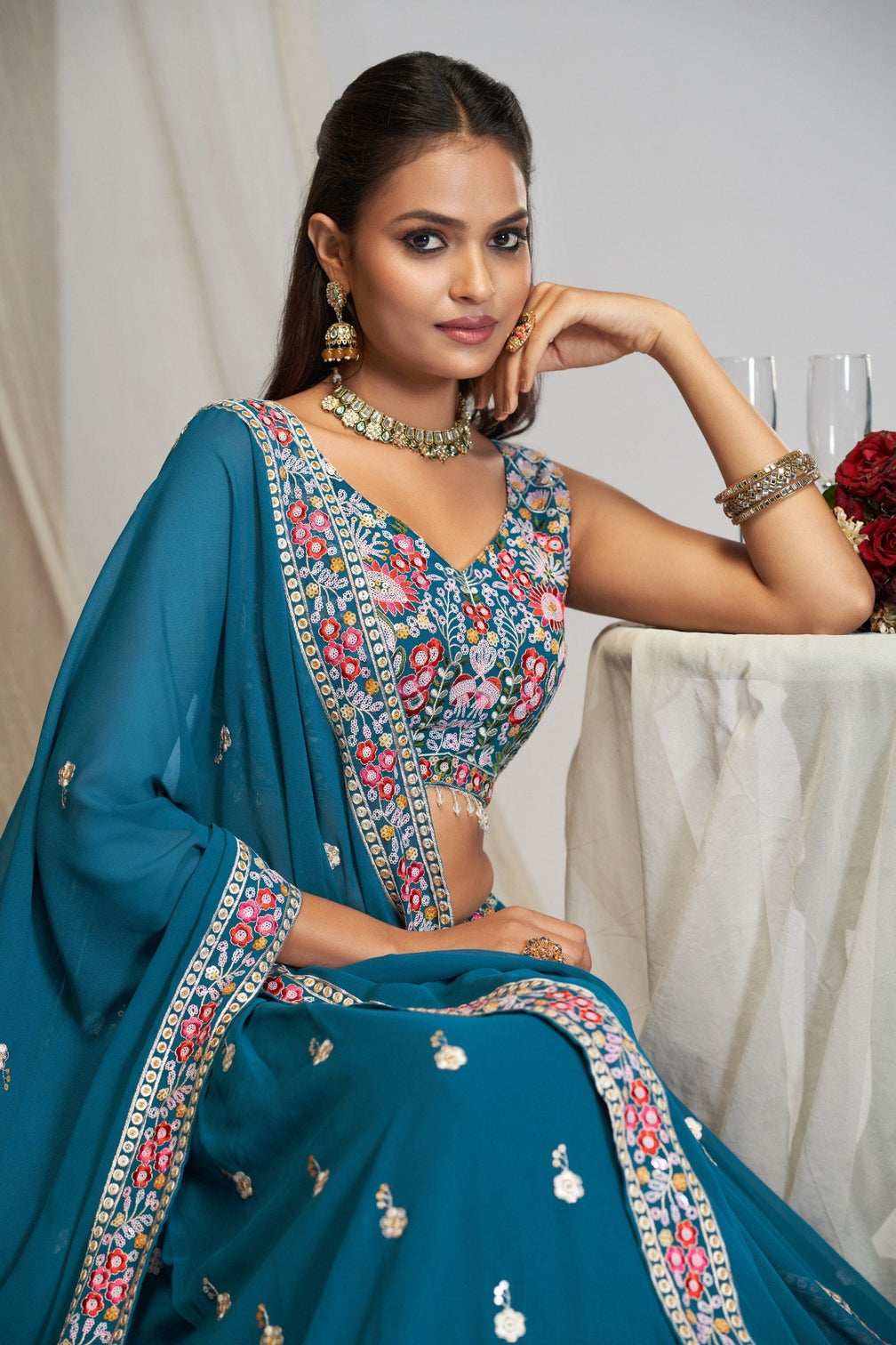 Blue Georgette Zari & Sequin Lehenga Set