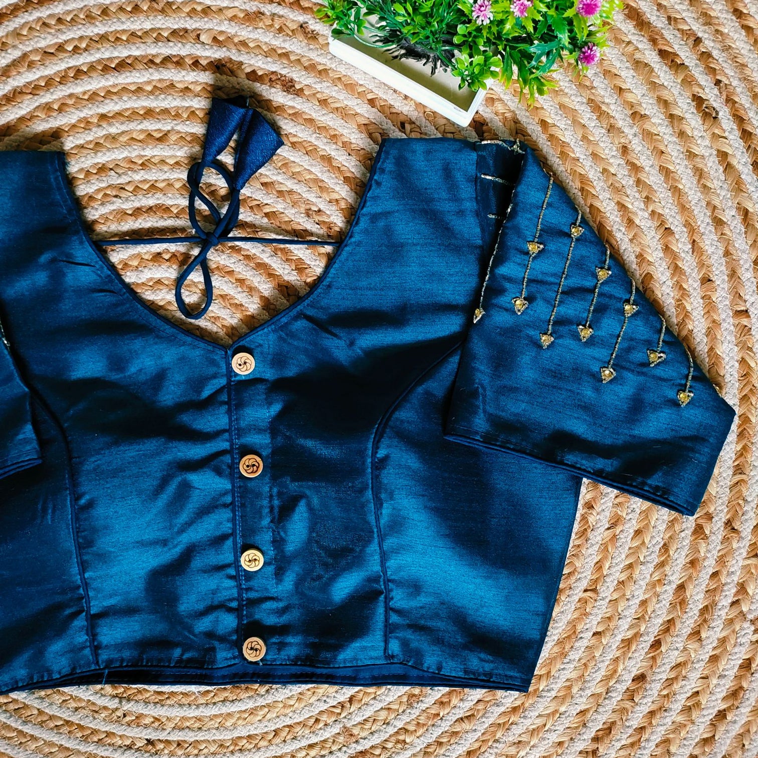 Blue Handcrafted Golden Resham Silk Blouse with Stunning Sleeve and Back Detailing