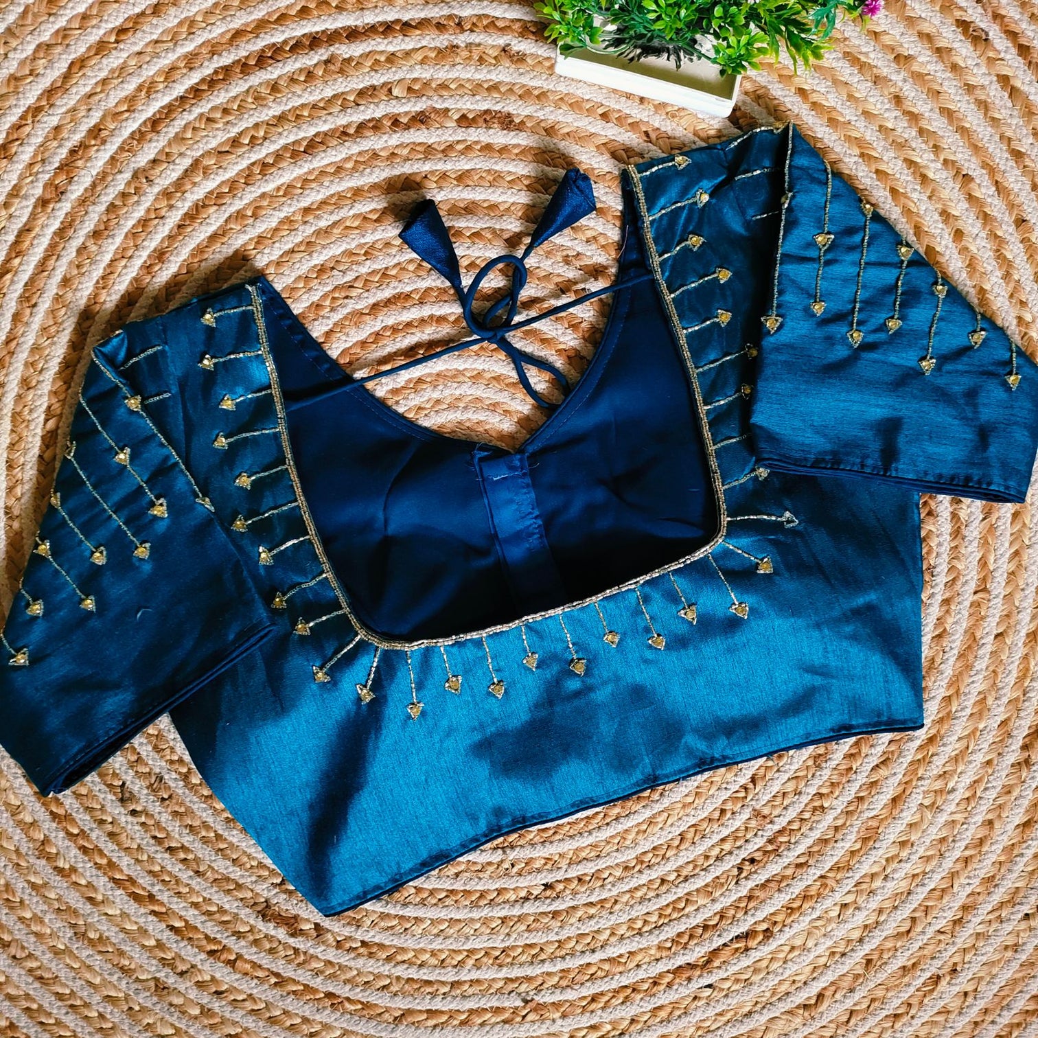 Blue Handcrafted Golden Resham Silk Blouse with Stunning Sleeve and Back Detailing