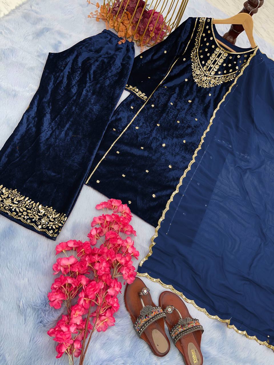 Blue Heavy Pure Viscose Velvet Top with Plazzo & Dupatta Set - 5 mm Sequence Work and Fancy Sleeve