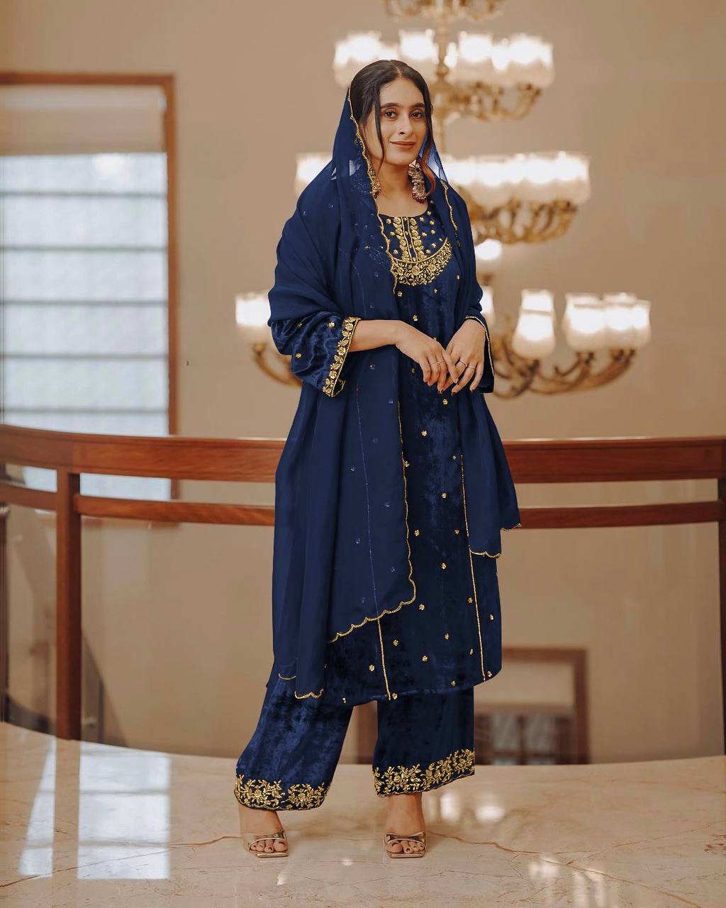Blue Heavy Pure Viscose Velvet Top with Plazzo & Dupatta Set - 5 mm Sequence Work and Fancy Sleeve