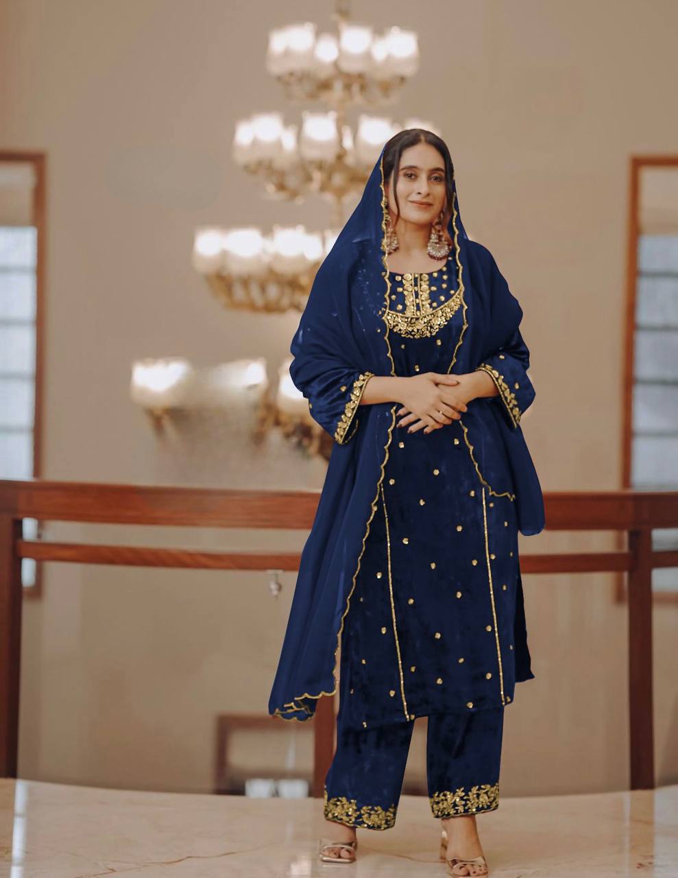 Blue Heavy Pure Viscose Velvet Top with Plazzo & Dupatta Set - 5 mm Sequence Work and Fancy Sleeve