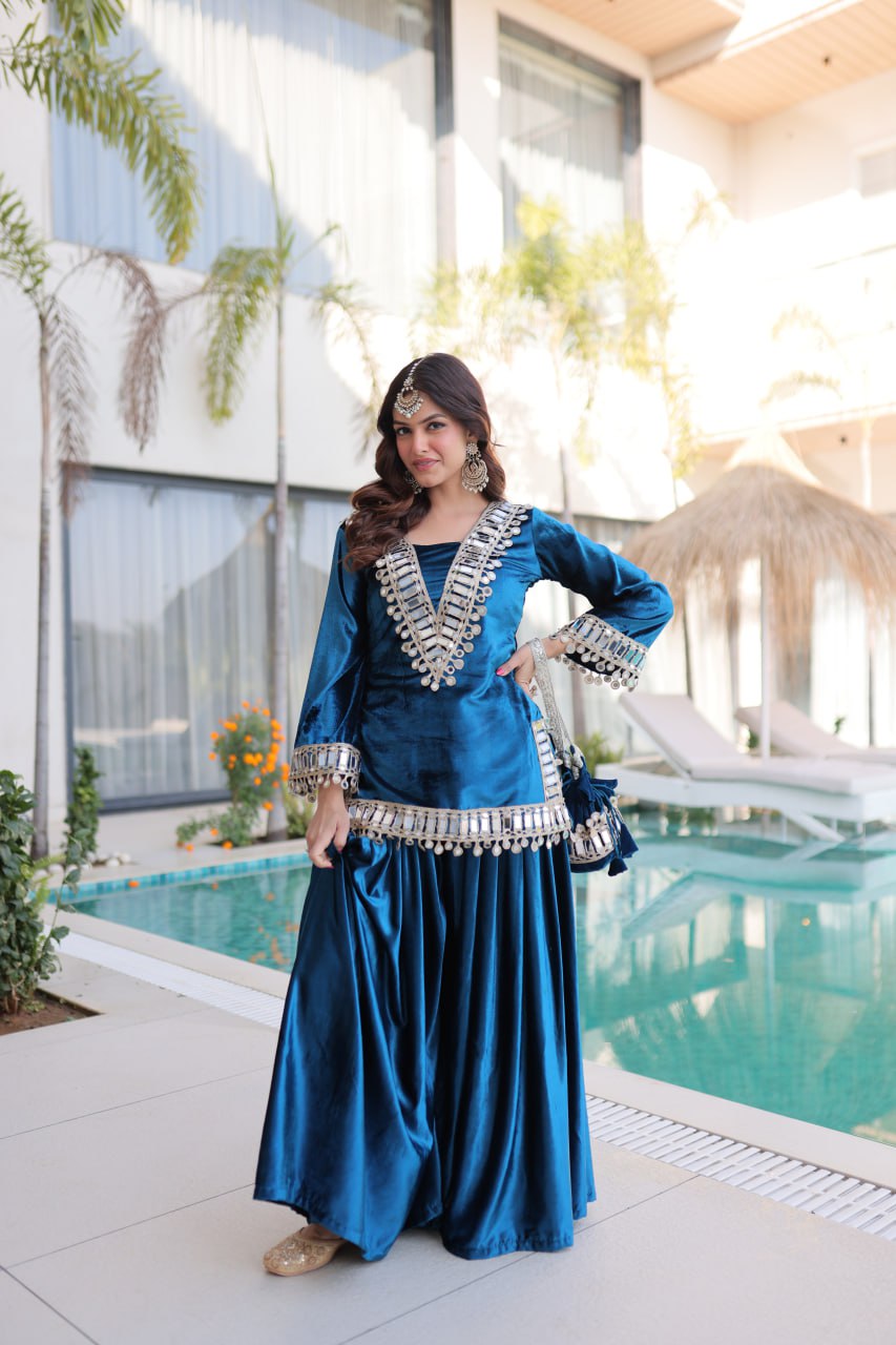 Blue Ice Velvet Zari & Real Mirror Embroidered Kurta Palazzo Set with Bell Sleeves & Matching Batwa – Fully Stitched Festive & Party Wear