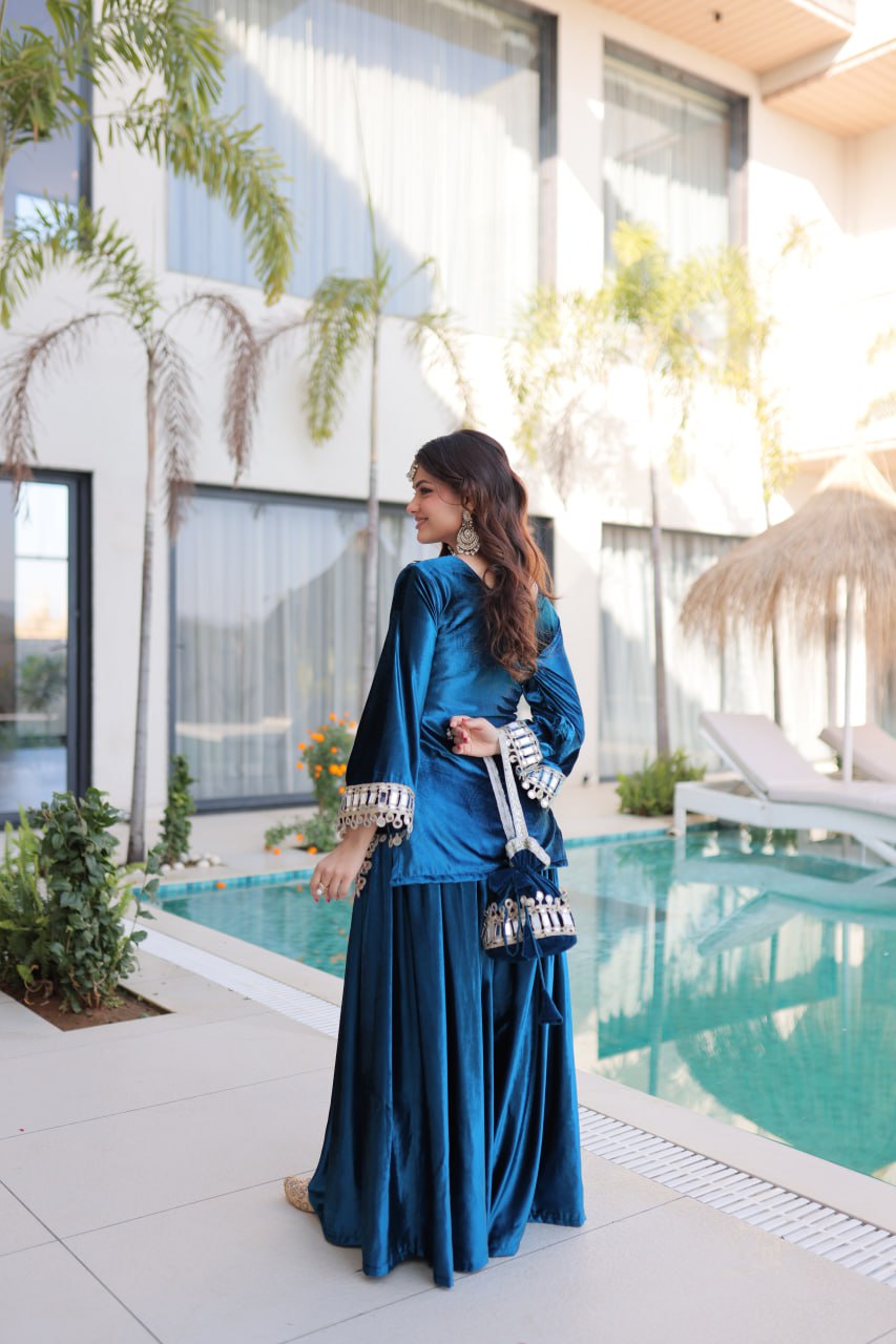 Blue Ice Velvet Zari & Real Mirror Embroidered Kurta Palazzo Set with Bell Sleeves & Matching Batwa – Fully Stitched Festive & Party Wear
