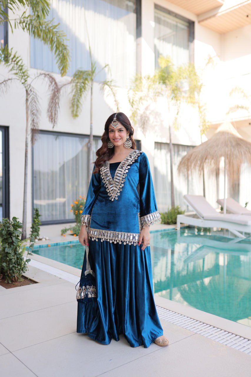 Blue Ice Velvet Zari & Real Mirror Embroidered Kurta Palazzo Set with Bell Sleeves & Matching Batwa – Fully Stitched Festive & Party Wear