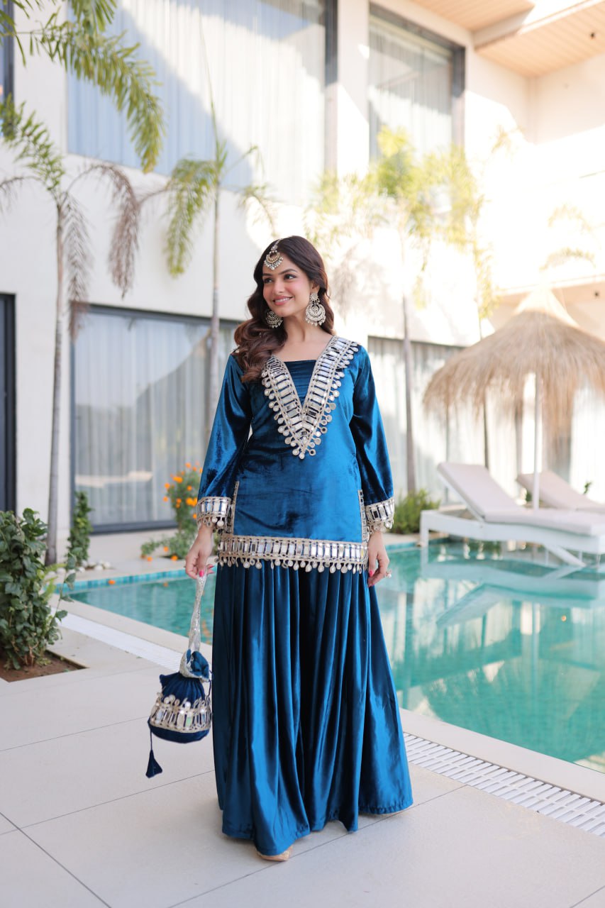 Blue Ice Velvet Zari & Real Mirror Embroidered Kurta Palazzo Set with Bell Sleeves & Matching Batwa – Fully Stitched Festive & Party Wear