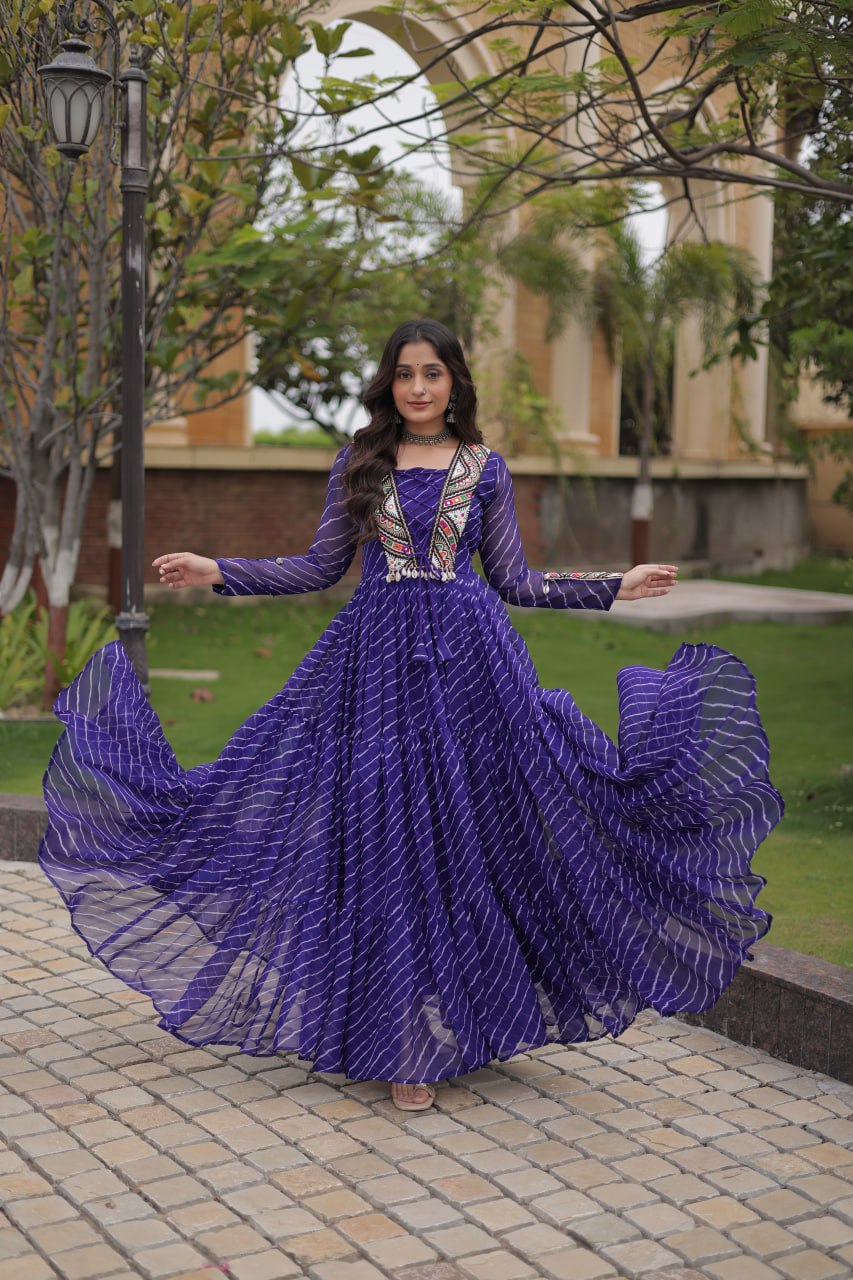 Blue Laheriya Print Patchwork Gown
