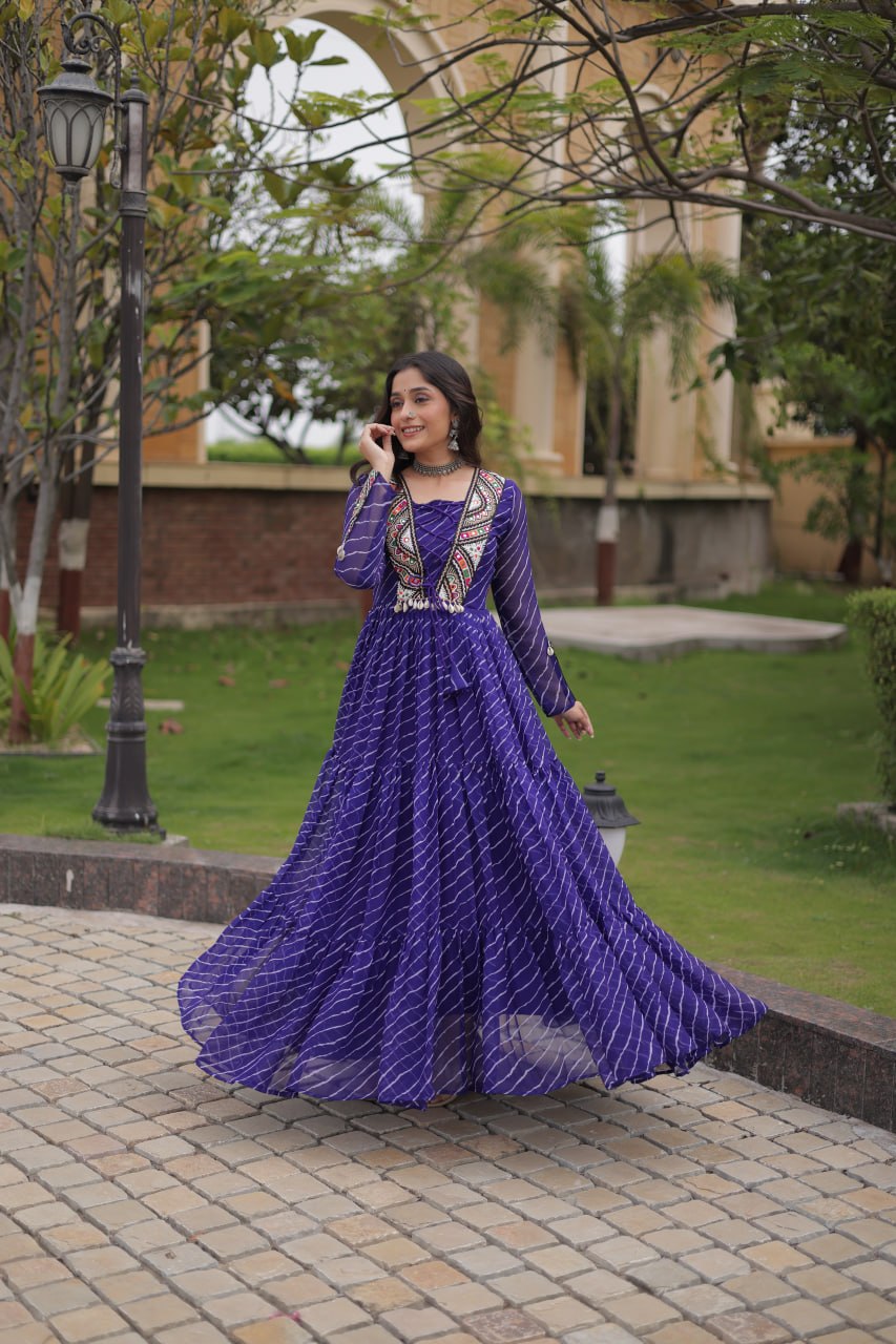 Blue Laheriya Print Patchwork Gown