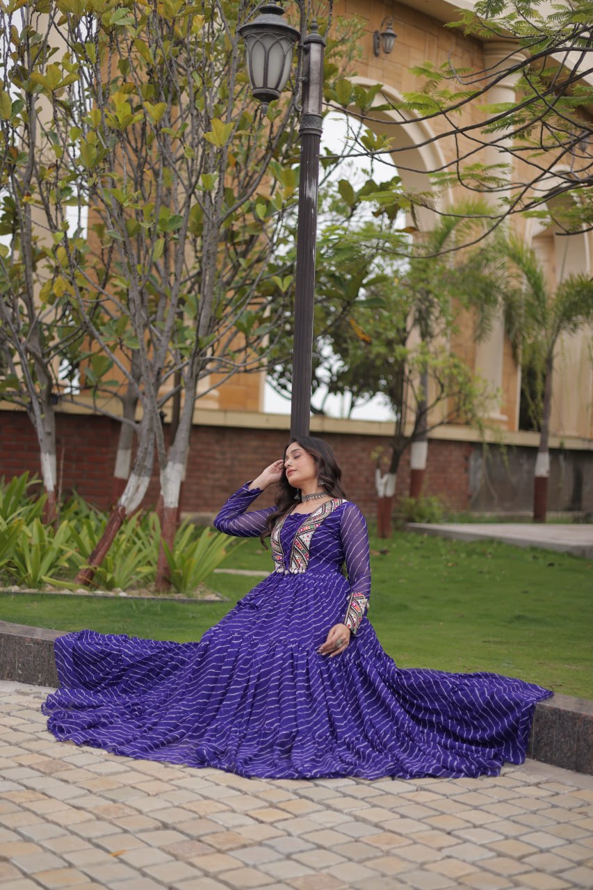 Blue Laheriya Print Patchwork Gown