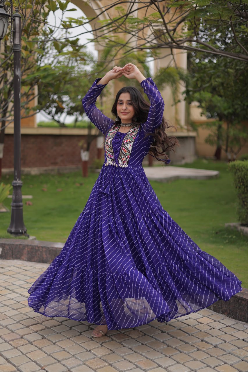 Blue Laheriya Print Patchwork Gown