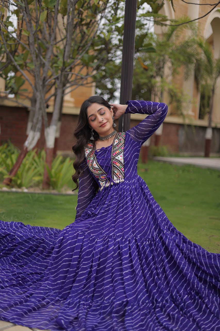 Blue Laheriya Print Patchwork Gown