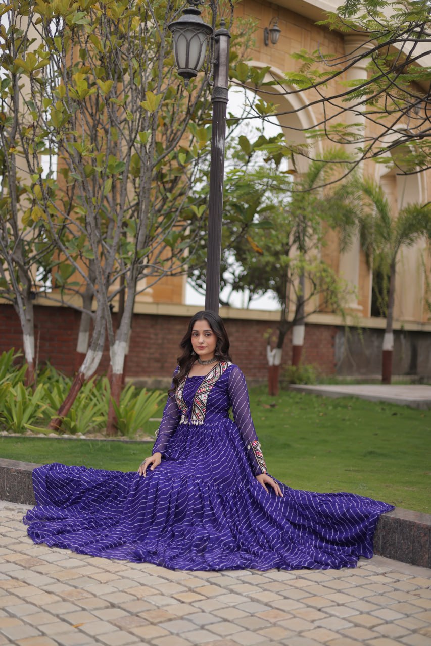 Blue Laheriya Print Patchwork Gown