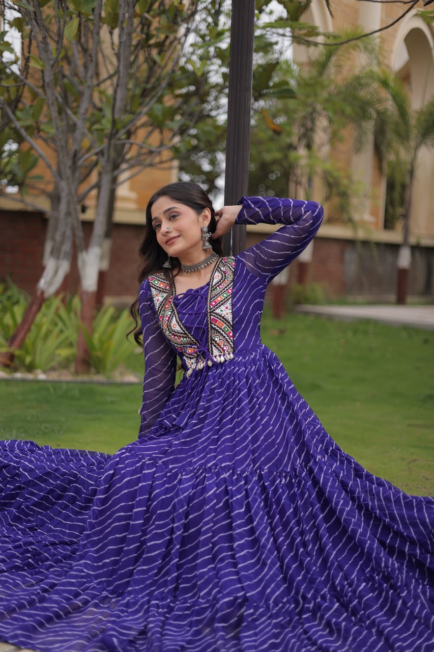Blue Laheriya Print Patchwork Gown