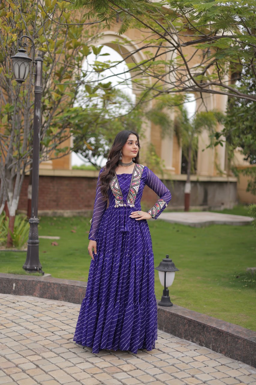 Blue Laheriya Print Patchwork Gown