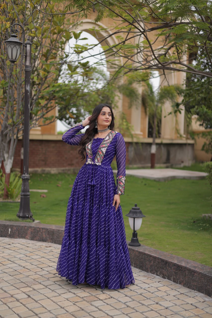Blue Laheriya Print Patchwork Gown