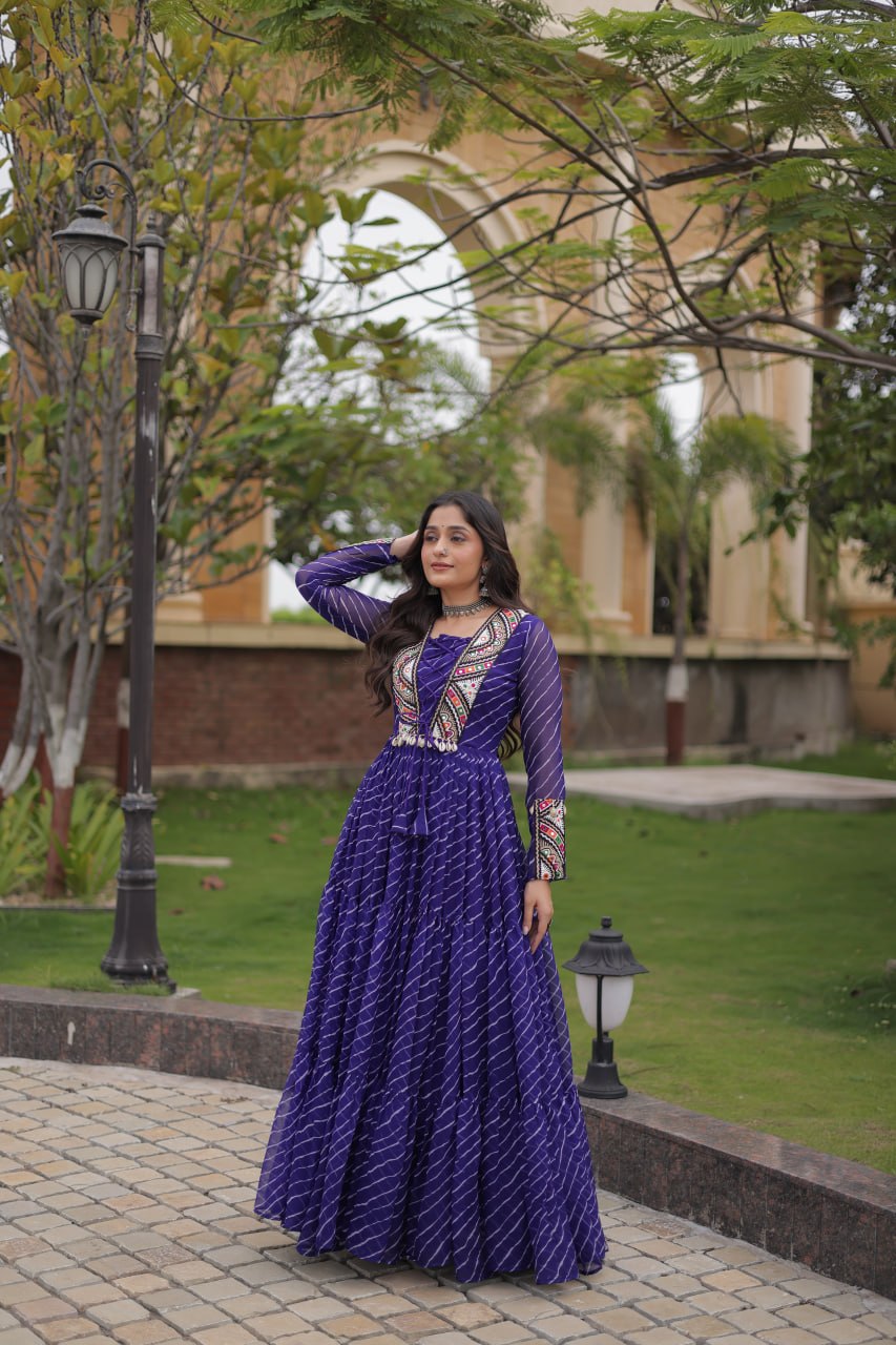 Blue Laheriya Print Patchwork Gown