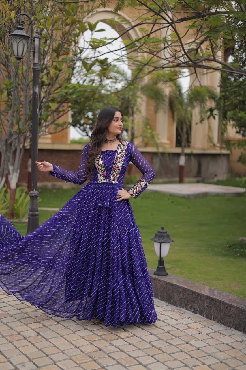 Blue Laheriya Print Patchwork Gown