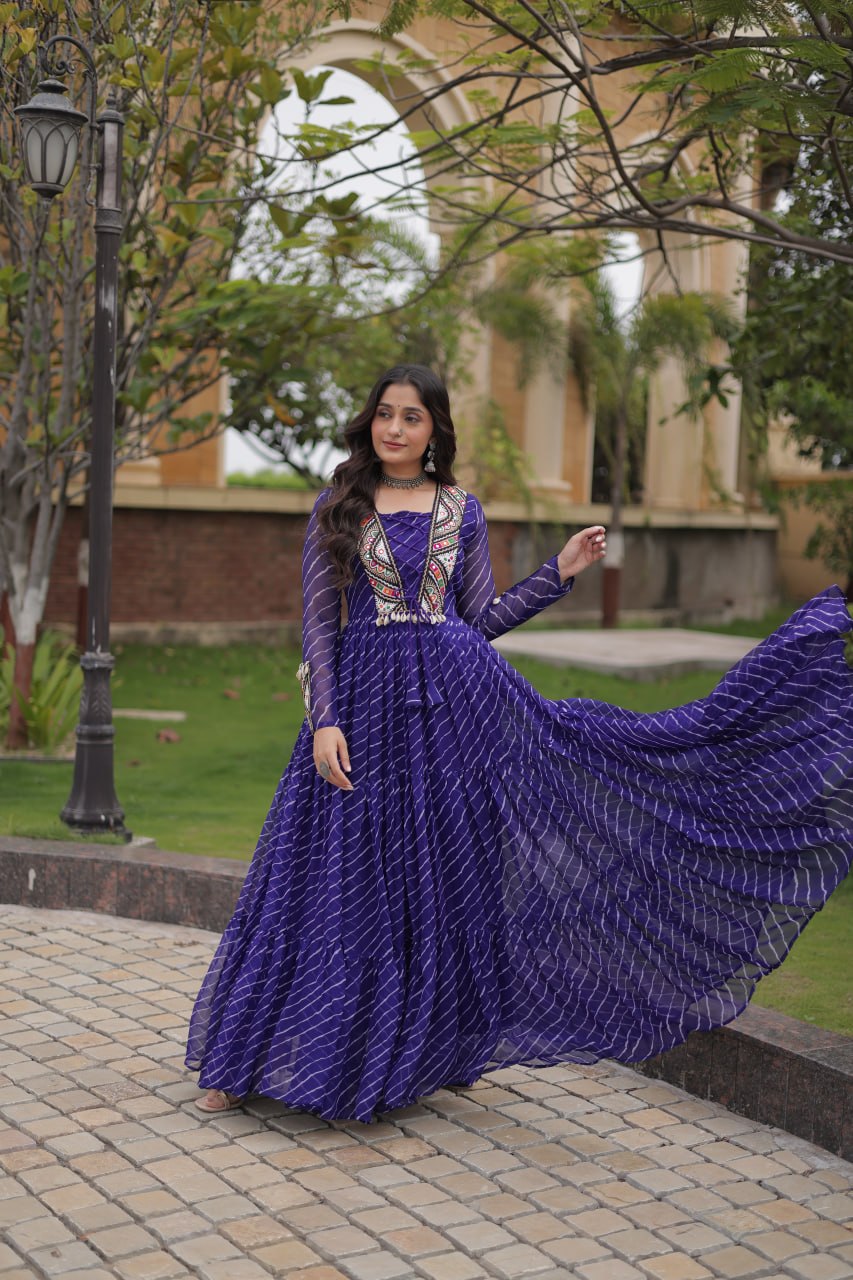 Blue Laheriya Print Patchwork Gown