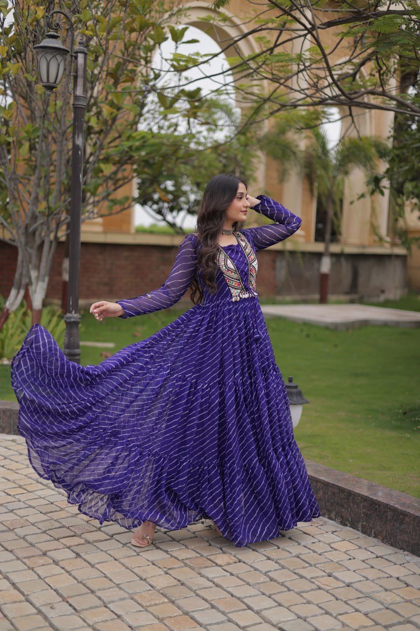 Blue Laheriya Print Patchwork Gown