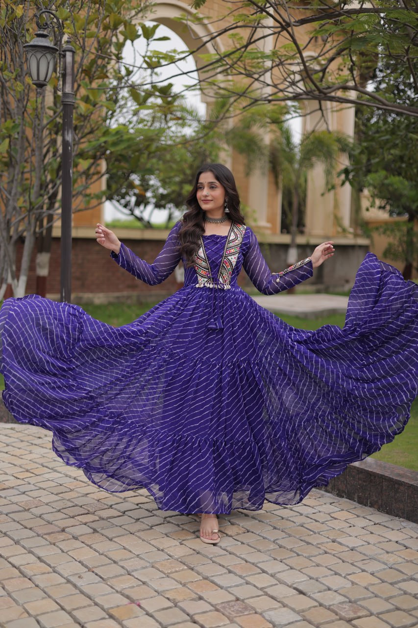 Blue Laheriya Print Patchwork Gown