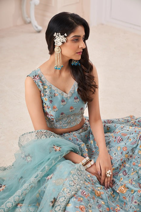 Designer Blue Lehenga Choli with Multicolor Thread Embroidery